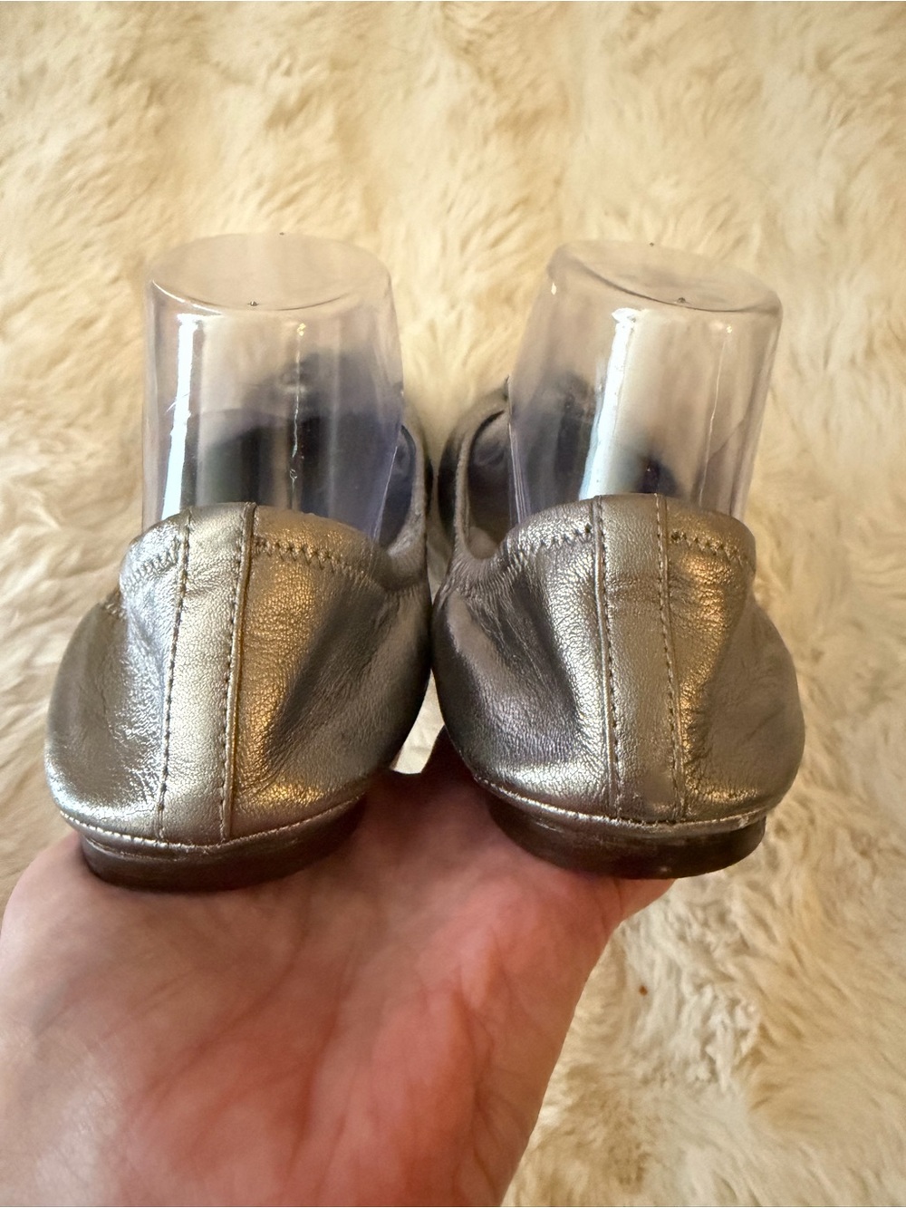 Tory Burch sz 9 great condition gun Metallic Silver Ballet Flats blinged TB logo - Picture 7 of 10